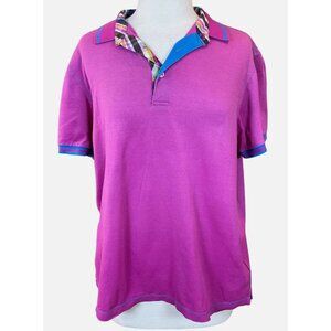 Bugatchi Uomo Magenta Short Sleeve Golf Polo Shirt Madras Contrast Placket LG